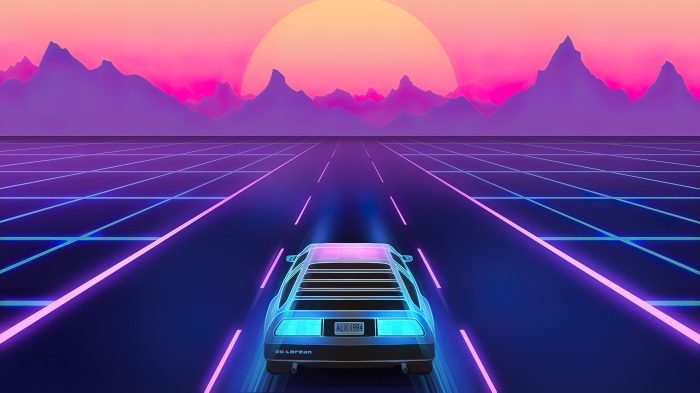 Retrowave sunset drive with DeLorean car