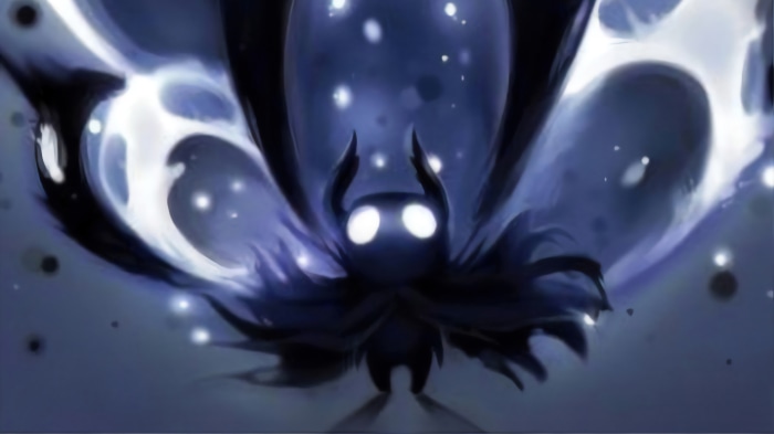 The Knight from Hollow Knight with glowing eyes in 4K