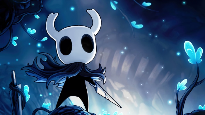 The Knight from Hollow Knight in a dark, mystical setting