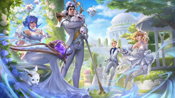Sona, Jarvan IV, Lux, and Ezreal from League of Legends