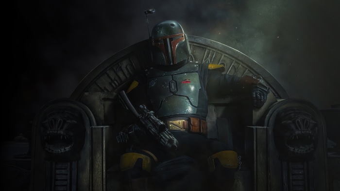 Boba Fett from The Book of Boba Fett on a throne 4K