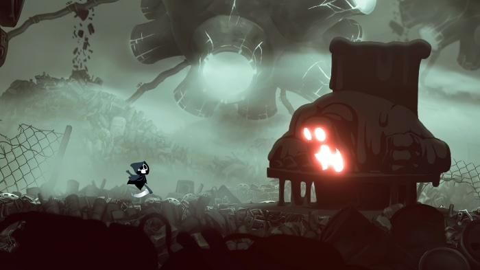 Character from Have a Nice Death in a junkyard
