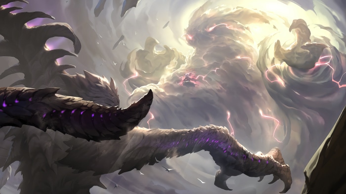 Dragon in a stormy sky with lightning