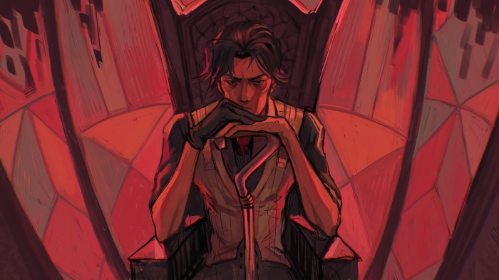 Viktor from Arcane sitting on a throne