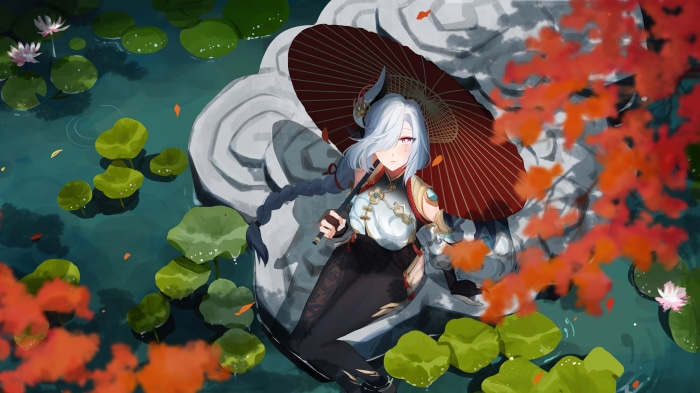 Shenhe from Genshin Impact with an umbrella