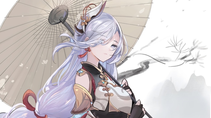 Shenhe from Genshin Impact with umbrella