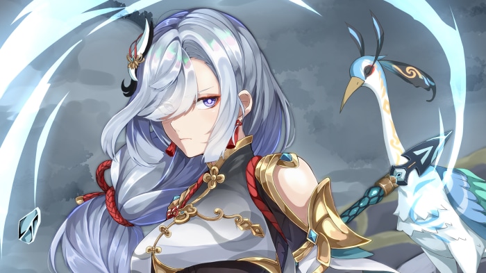 Shenhe from Genshin Impact with a bird companion
