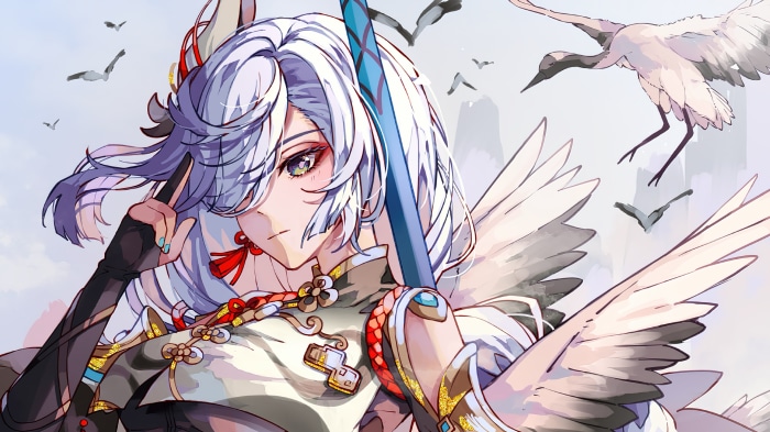 Shenhe from Genshin Impact with cranes