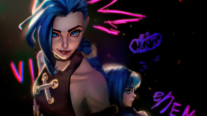Jinx from Arcane with a younger version of herself