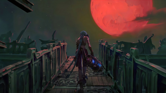 Jinx from Arcane with a cannon under a red moon 4K