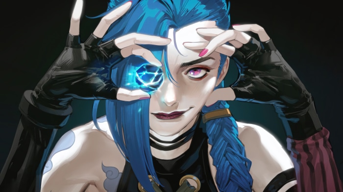 Jinx from Arcane holding a Hextech gemstone