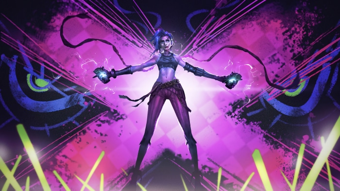 Jinx from Arcane with purple energy