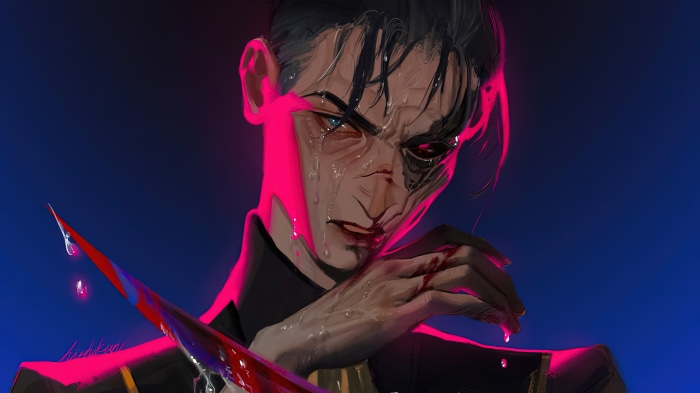 Silco from Arcane holding a bloody knife