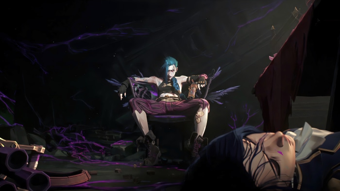 Jinx from Arcane sitting on a throne with a person lying on the ground