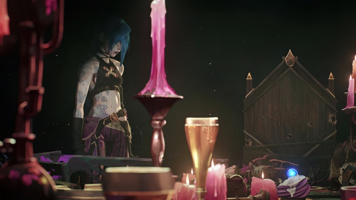 Jinx from Arcane in a dimly lit room