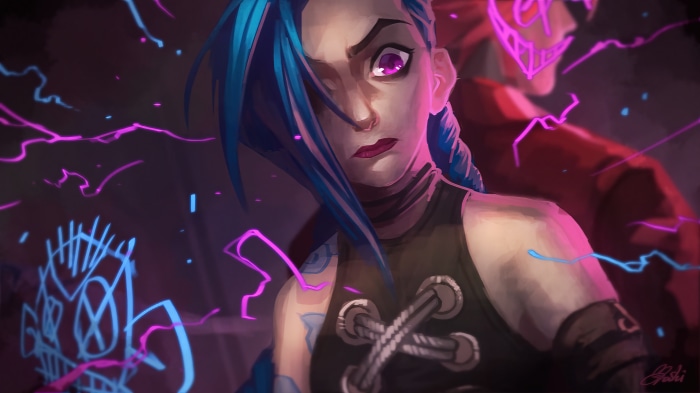 Jinx from Arcane with Vi in the background 4K
