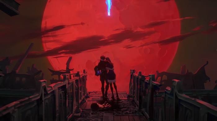 Vi and Caitlyn from Arcane under a red moon
