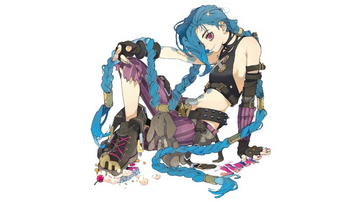 Jinx from Arcane sitting with her legs crossed