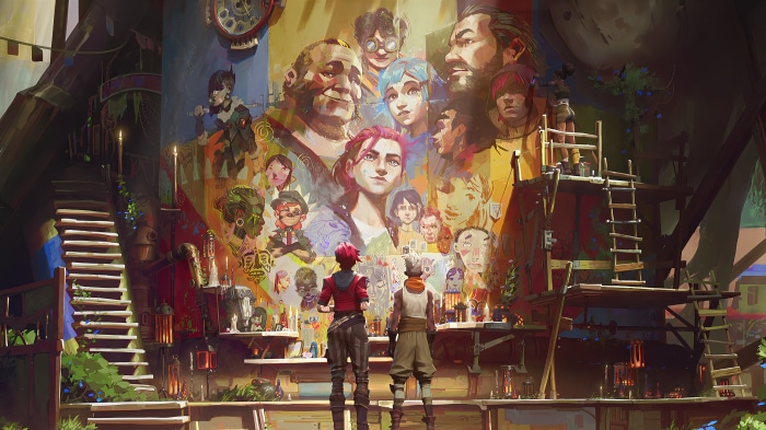 Ekko and Vi from Arcane in front of a mural