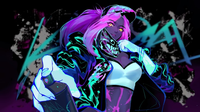 Akali from League of Legends holding a spray can