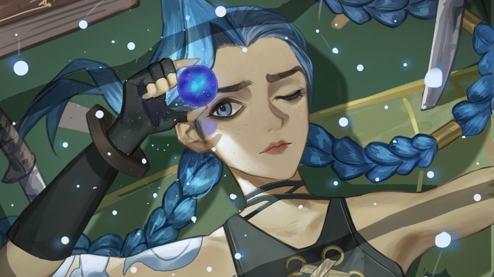 Jinx from Arcane holding a Hextech gemstone