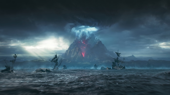 Volcanic island with shipwrecks in stormy seas 4K