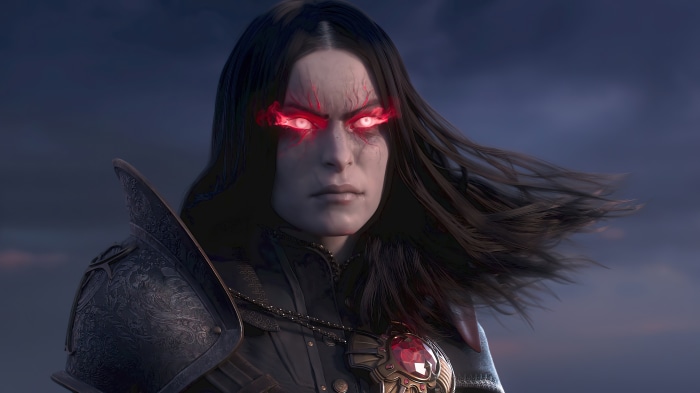 Character with glowing red eyes from New World 4K