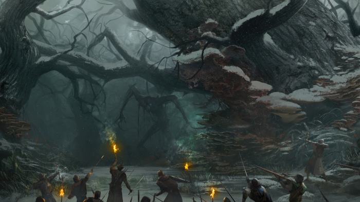 Monster in a dark forest with hunters 4K
