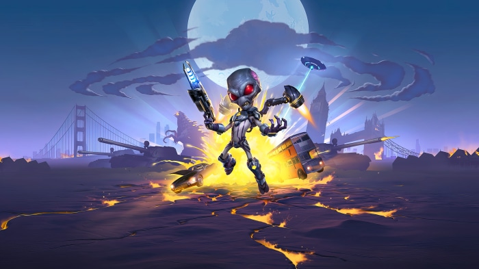 Destroy All Humans! 2 alien with weapons and vehicles in cities