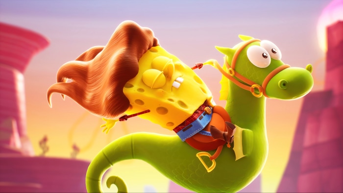 SpongeBob SquarePants from The Cosmic Shake riding a green creature