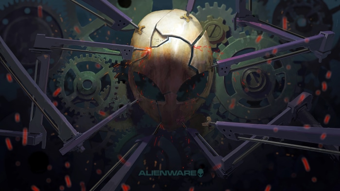 Alienware logo with mechanical gears and alien skull