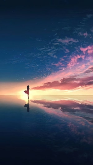 Anime girl silhouette at sunset over the ocean