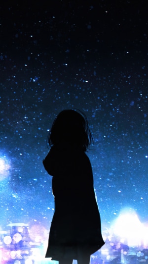 Silhouette of a girl against a starry night sky over a city