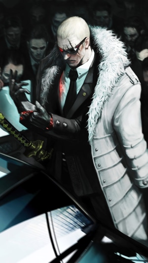 Man in suit with fur collar and katana