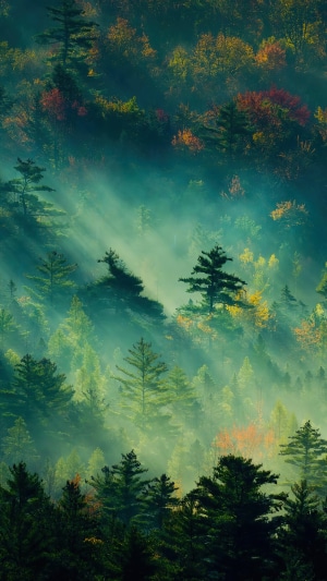 Misty forest with sunbeams filtering through trees