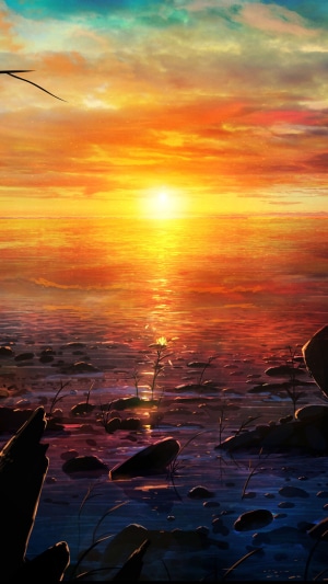 Anime Sunset over Water with Rocks
