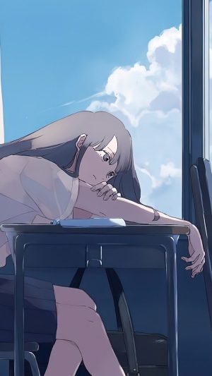 Anime girl in classroom looking out window