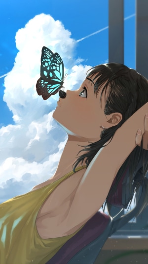 Anime girl with a butterfly on her nose