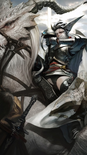 Warrior riding a white dragon