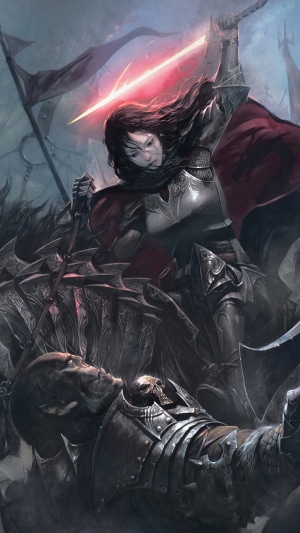Warrior girl with flaming sword in battle