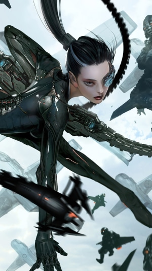 Sci-Fi Assassin Girl with Cybernetic Eye and Drones