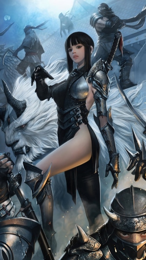 Fantasy female ninja with white beast and warriors