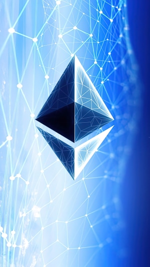 Ethereum cryptocurrency logo on a blue network background