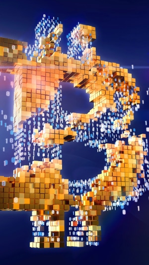 Bitcoin Symbol Made of Golden Cubes and Binary Code