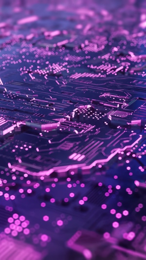 Close-up of a futuristic circuit board with purple lights
