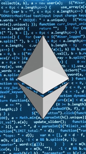 Ethereum logo on a background of computer code