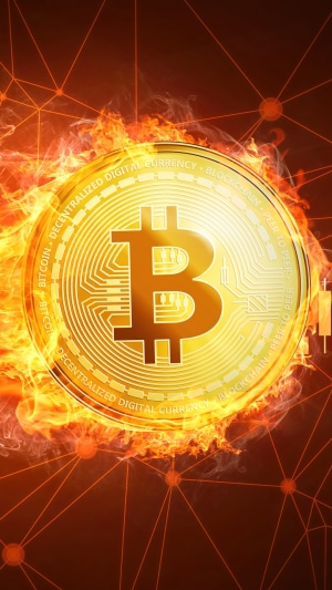 Bitcoin cryptocurrency on fire with blockchain network