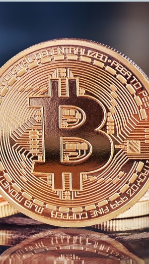 Close-up of a Bitcoin cryptocurrency coin