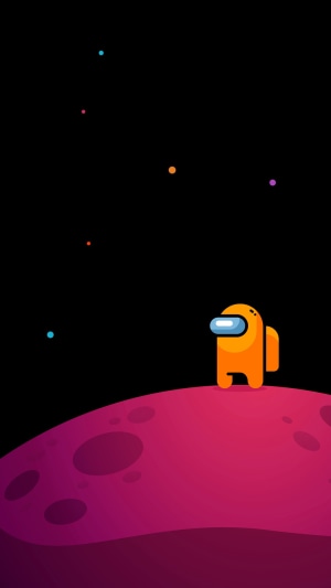 Orange Among Us character on a planet
