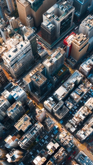 Aerial view of a dense city with tall buildings